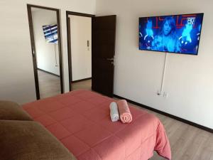 拉巴斯Hermoso Dpto. con ubicación excepcional(cala coto)的卧室配有一张床铺,墙上配有电视