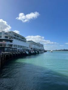 奥克兰Waterfront Seaview Hotel Apartment - same building block as Auckland Hilton的河里有建筑物,水里有船