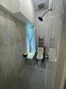 北干巴鲁Bagus house的一间带卫生间和淋浴及窗户的浴室