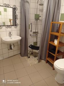 Saint-Seurin-de-CursacL'Estuaire的一间带水槽、淋浴和卫生间的浴室