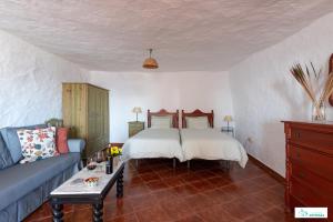 阿尔特纳拉Living Artenara - CAVE HOUSE & SILENCE Adults Only的一间卧室配有一张床和一张蓝色的沙发