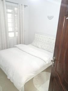 ThikaCarlyle comfort home的一间卧室配有一张带白色床单的床和一扇窗户。