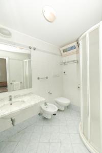 里米尼Hotel Saint Louis的一间带水槽、卫生间和镜子的浴室