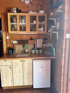 Abirimהקטלב- בקתה בין קטלב אחד ואלונים的厨房配有木制橱柜和冰箱。