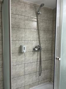 布加勒斯特Acomodoro Residence的浴室里设有玻璃门淋浴