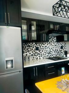 开普敦Elite Escape的厨房配有黑色橱柜和白色冰箱。