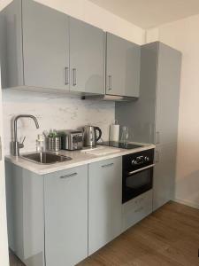 奥尔良Le Cocon Urbain *T2* + Parking的厨房配有白色橱柜、水槽和炉灶。