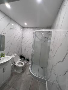 诺斯利Pinfold Court Apartments的带淋浴、卫生间和盥洗盆的浴室