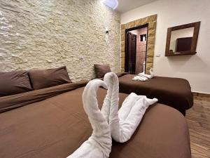 开罗Sahara Pyramids Inn的两个天鹅坐在酒店房间的床边
