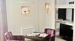 奥尔泰兹奥塔斯基里亚德酒店的客厅配有两把椅子、一张桌子和电视
