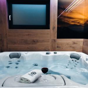 亚沃尔基Jaworki Prestige SPA的配有带葡萄酒的浴缸和电视。