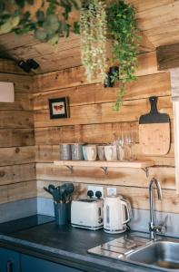 Saint ErvanThe Potting Barn的厨房设有木墙和带水槽的台面。