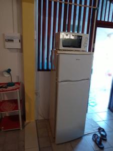 MatouryStudio proche aéroport 2perswifi的厨房里冰箱上面的微波炉