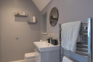 卢顿6 Bedroom Holiday Home with Hot Tub & Garden的一间带水槽、卫生间和镜子的浴室
