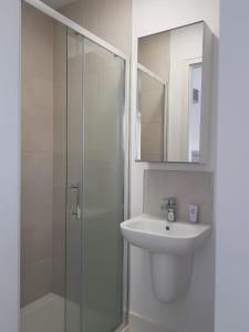 都柏林Barnoaks House - New Private Room with Private Bathroom的一间带水槽和玻璃淋浴的浴室
