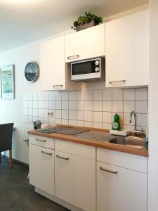 路德维希堡阿利萨公寓的厨房配有白色橱柜、水槽和微波炉