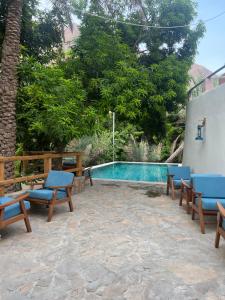 Ḩillat al ḨişnNomad inn Tiwi的一个带椅子的庭院和一个游泳池