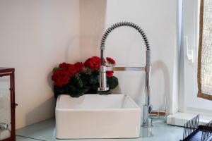塞扎纳9b-The Tiny House的浴室水槽设有水龙头和红色鲜花