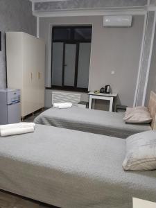 甘贾Delfin Guest House的客房设有两张床和窗户。