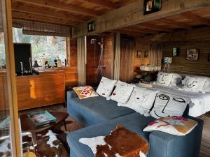 卡西斯logement entier atypique à Cassis的客厅配有蓝色沙发和白色枕头。