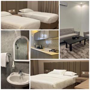 艾卜哈قمم بارك 3 Qimam Park Hotel的一张照片,酒店房间设有床铺和水槽