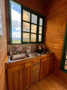 派帕Huitaca Glamping的小木屋内的厨房设有水槽和窗户