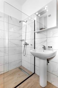 伊利索斯Anixis Hotel & Apartments的白色的浴室设有水槽和淋浴。
