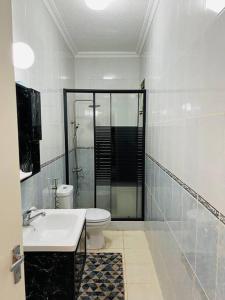 亚喀巴Lovely 3 bedrooms rental unit的带淋浴、卫生间和盥洗盆的浴室