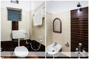 普里A1 ROOMS SEA GOLD ( COTTAGE) PURI BEACH的浴室的两张照片,配有卫生间和水槽