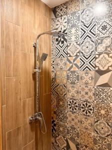 圣多明各Hotel La Colonia的浴室的墙壁上设有瓷砖和淋浴。