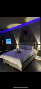 海法Jentelmen rooms的一间卧室配有一张蓝色的大床