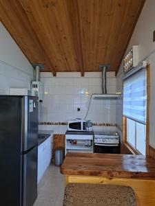 普尤瓦比港Cabañas Robinson的厨房设有木制天花板和冰箱。