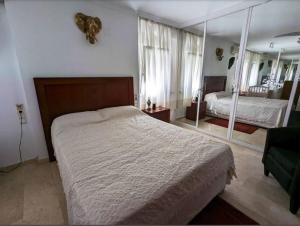 福恩吉罗拉Sea view penthouse的一间卧室配有一张大床和镜子