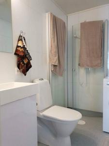 特罗姆瑟Book an apartment just for you in central Tromsø的白色的浴室设有卫生间和淋浴。