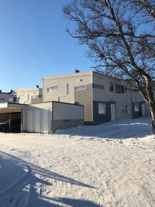 特罗姆瑟Book an apartment just for you in central Tromsø的雪中的一个建筑物,前面有一棵树