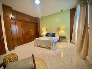 瓦哈卡市Hostal Central Oaxaca的一间卧室设有一张床和绿色的墙壁