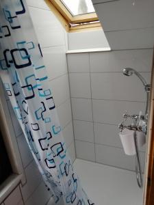 Dettingen unter TeckZimmervermietung Gasthof Lamm, Zugang selbstständig über Schlüsseltresor的带淋浴帘和卫生间的浴室