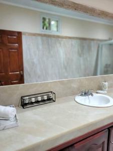 罗阿坦Spacious & Spotless new house, 4 BRs的浴室的柜台设有水槽和镜子