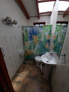 安加罗阿Hostal Vieroto的带淋浴、卫生间和盥洗盆的浴室