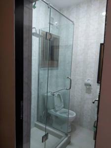 哈科特港Pious Court的浴室设有玻璃淋浴间和卫生间