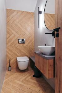 萨图马雷The Middle House的一间带水槽、卫生间和镜子的浴室