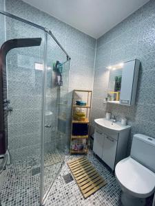 布加勒斯特City Garden Apartments的带淋浴、卫生间和盥洗盆的浴室