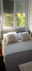 奥西耶克Apartman MINNA2, free parking的窗户前的一张带白色枕头的床