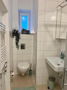 萨尔布吕肯Zentrale gemütliche Wohnung的白色的浴室设有卫生间和水槽。