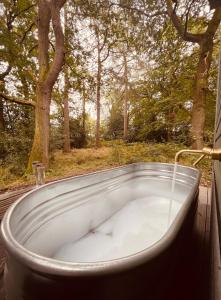 杜伦Bodos’ Shepards Hut的浴缸位于树甲板上
