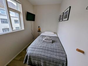 伊萨菲尔德The Ísafjörður Inn的一间卧室配有一张带毯子的床和窗户