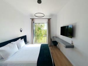 RinasNerium Garden Inn Tirana Airport的一间卧室设有一张床、一台电视和一个窗口。