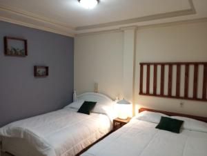 洛哈Mini suite的卧室配有两张床,墙上有灯