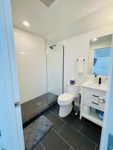 奥克兰Luxury Apartment in West Oakland - Near Downtown的带淋浴、卫生间和盥洗盆的浴室