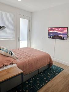 奥克兰Studio Suite Close to Downtown的卧室配有一张床,墙上配有电视。